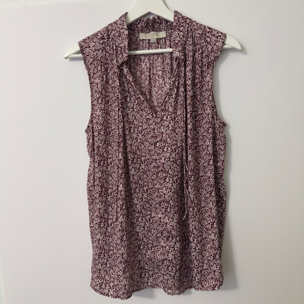 LOFT Blouse Womens M Burgundy Floral Sleeveless Ruffle Tie Neck Boho Cottagecore